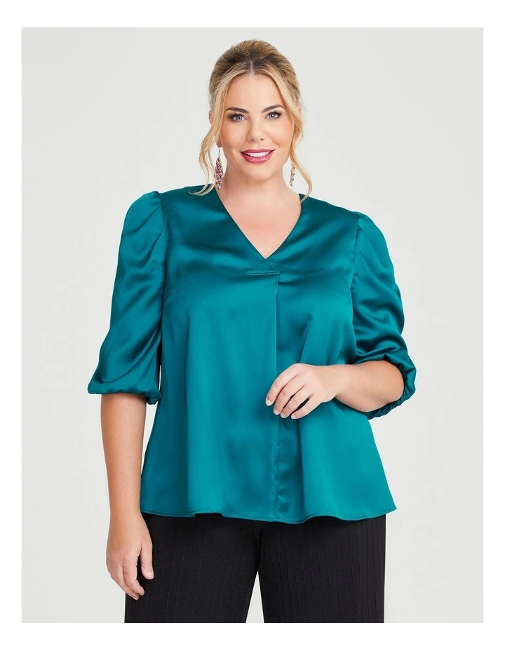 Satin Ruched Sleeve Top in Deep Teal
