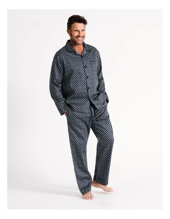 Long Sleeve Sateen PJ Set Paisley in Light Navy