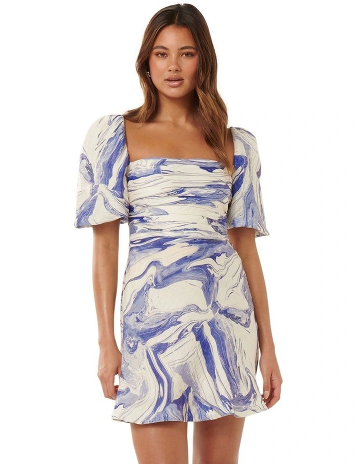 Abigail Printed Puff Sleeve Mini Dress in Blue