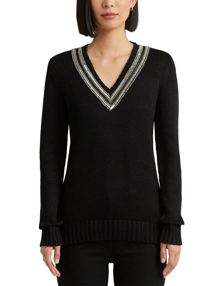 Beaded Cotton-Blend Cricket Sweater in Black