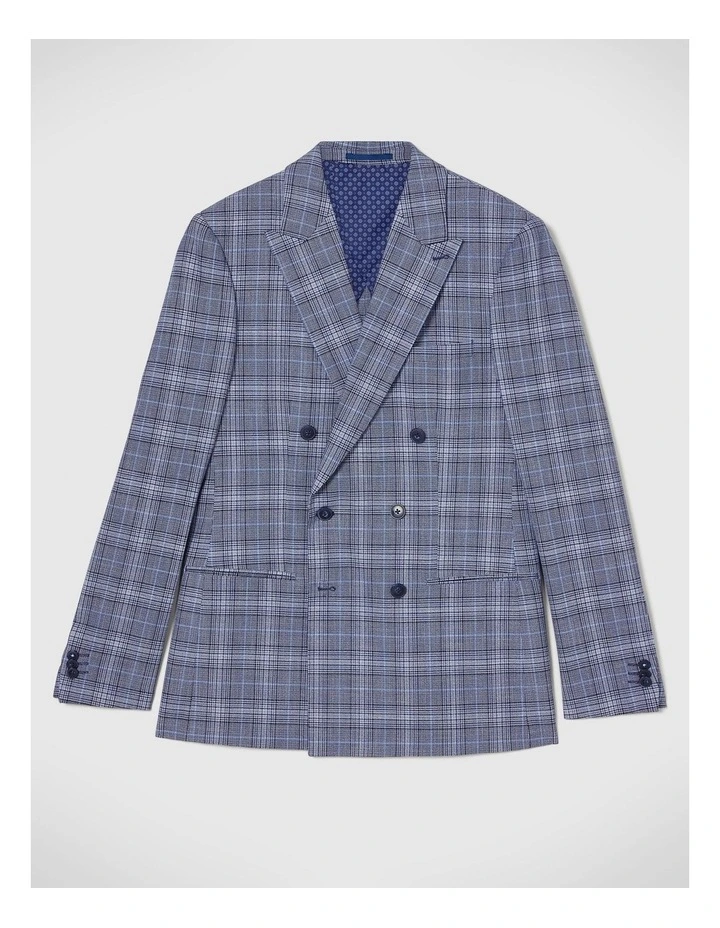 Slim Stretch Double Breasted Tailored Jacket in Blue Check