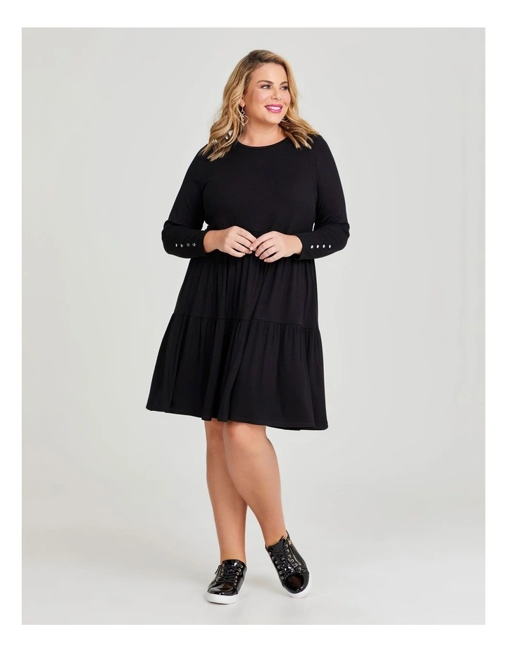 Natural Mini Rib Tiered Dress in Black