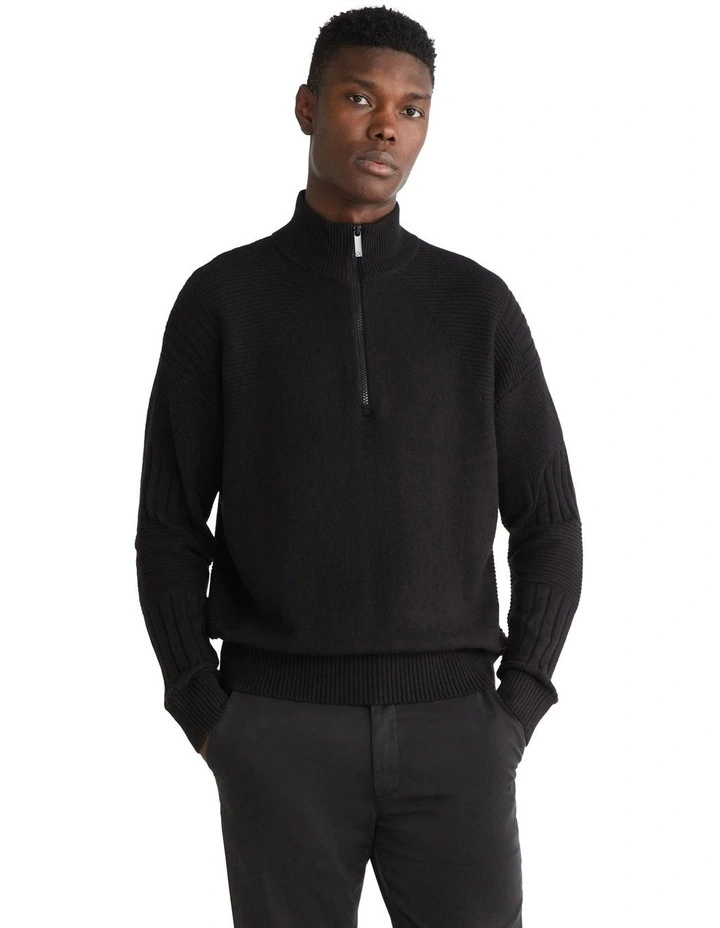 Eniginered Reib Quarter Zip Knit in Black