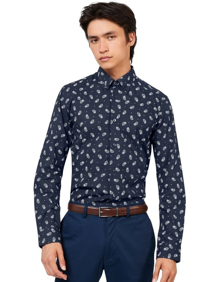 Micro Paisley Print Long Sleeve Shirt in Navy
