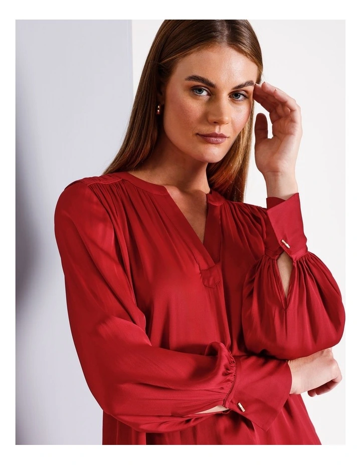 Recycled Polyester V Neck Satin Blouse in Red
