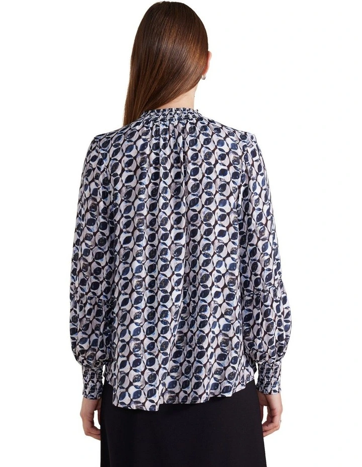 Long Sleeve Shirred Top in Crystal Geo