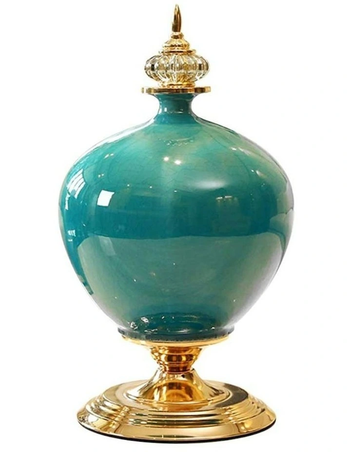 Ceramic Oval Flower Vase with Metal Base 38cm in Green
