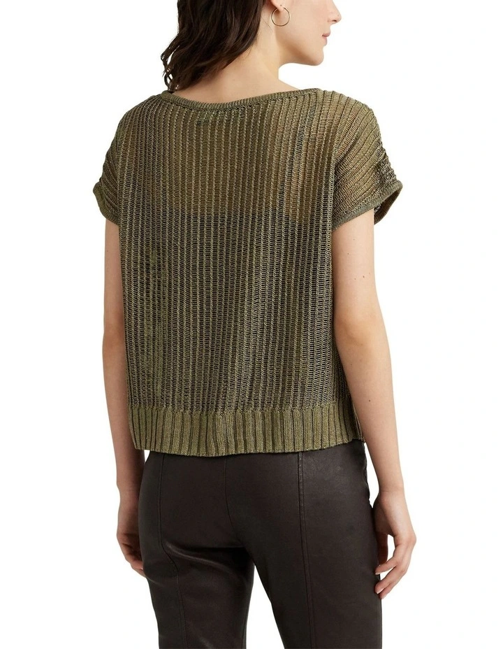 Linen Blend Mesh Short Sleeve Sweater in Green