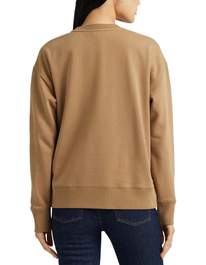 Belting-Print French Terry Pullover in Beige