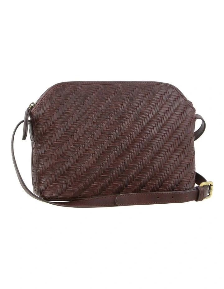 Woven Embossed Leather Cross-Body Bag in Burgundy