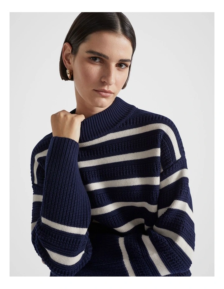 Cotton Blend Textured Stripe Knit in Midnight Sky Stripe