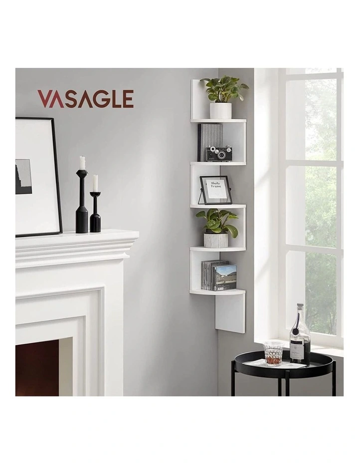 Durable Rustic Charm 5-tier Floating Corner Bookshelf in White