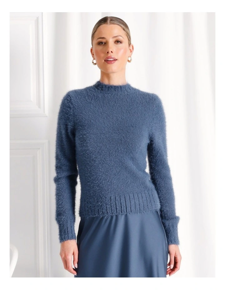 Recycled Blend Fluffy Crew Neck Knit Top in Blue