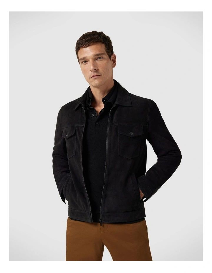 Suede Zip Through Trucker Jacket in Black
