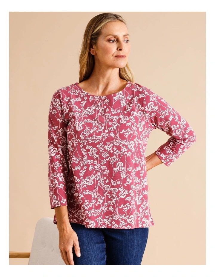 3/4 Sleeve Swing Tee In Cherry/Chalk Monotone Floral