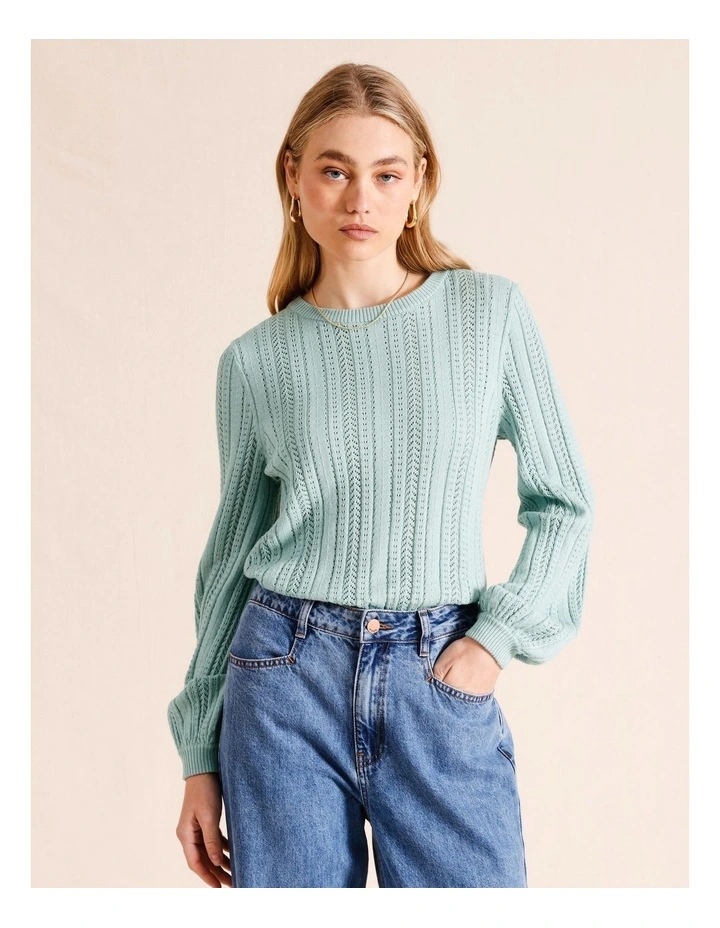 Pointelle Knit Round Neck Top in Dusty Blue