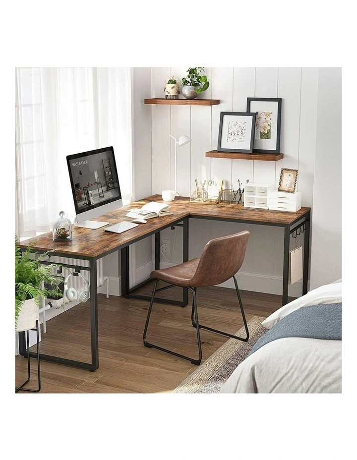 Rustic Computer Desk With 8 Hooks 120cm in Brown