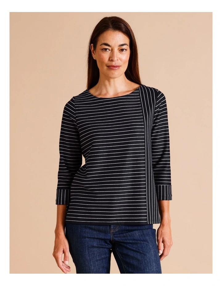 3/4 Cuffed Panelled Tee In Navy/White