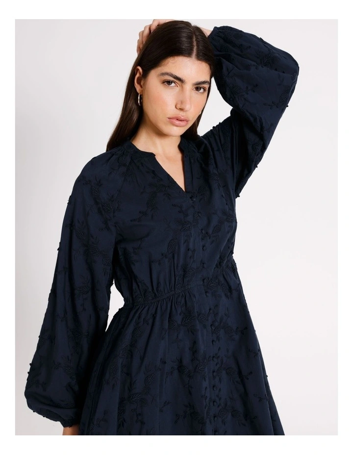 Embroidery Applique Cotton Mini Dress in Navy