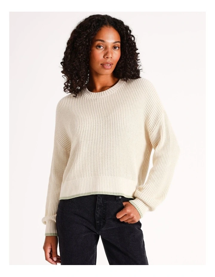 Crew Neck Knit With Tipping in Stone / Sage