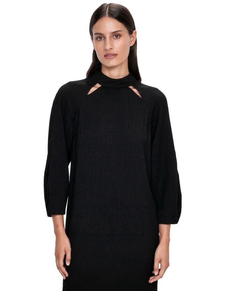 Crinkle Double Weave Shift Dress in Black