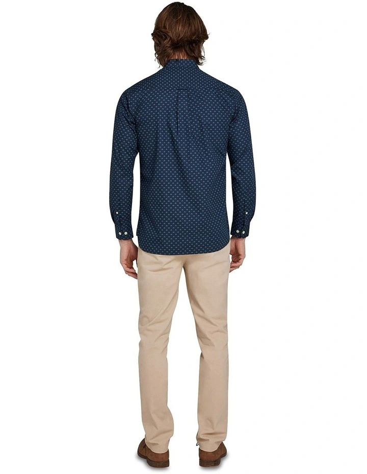 Leaf Print Poplin Long Sleeve Shirt in Navy