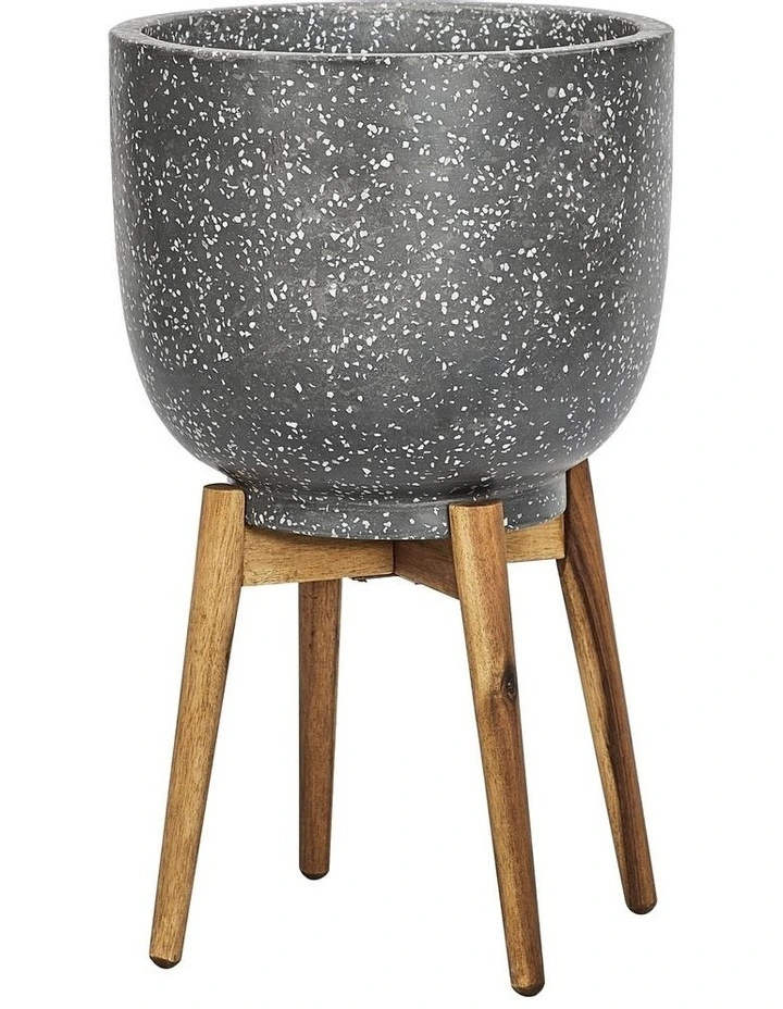 Terrazzo Pot On Acacia Wood Stand 58cm in Grey