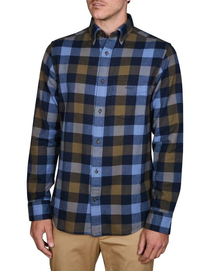Regular Fit Herringbone Checked Flannel Shirt in Marine