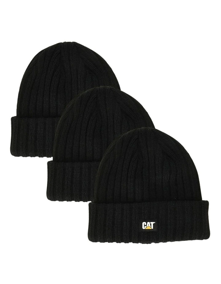 3x Caterpillar Rib Watch Beanie Hat in Black