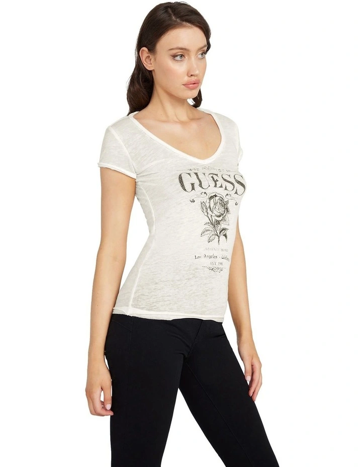 Short Sleeve Rose V-neck Tee in White