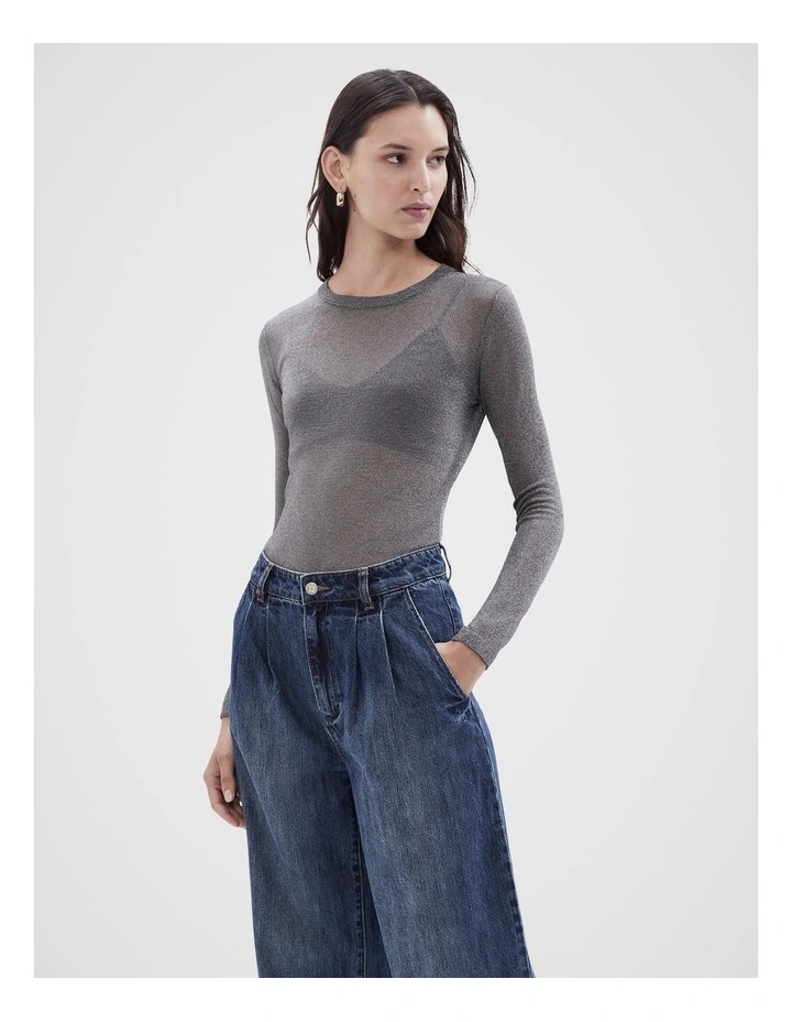 Metallic Crew Neck Knit Jumper in Char Marle