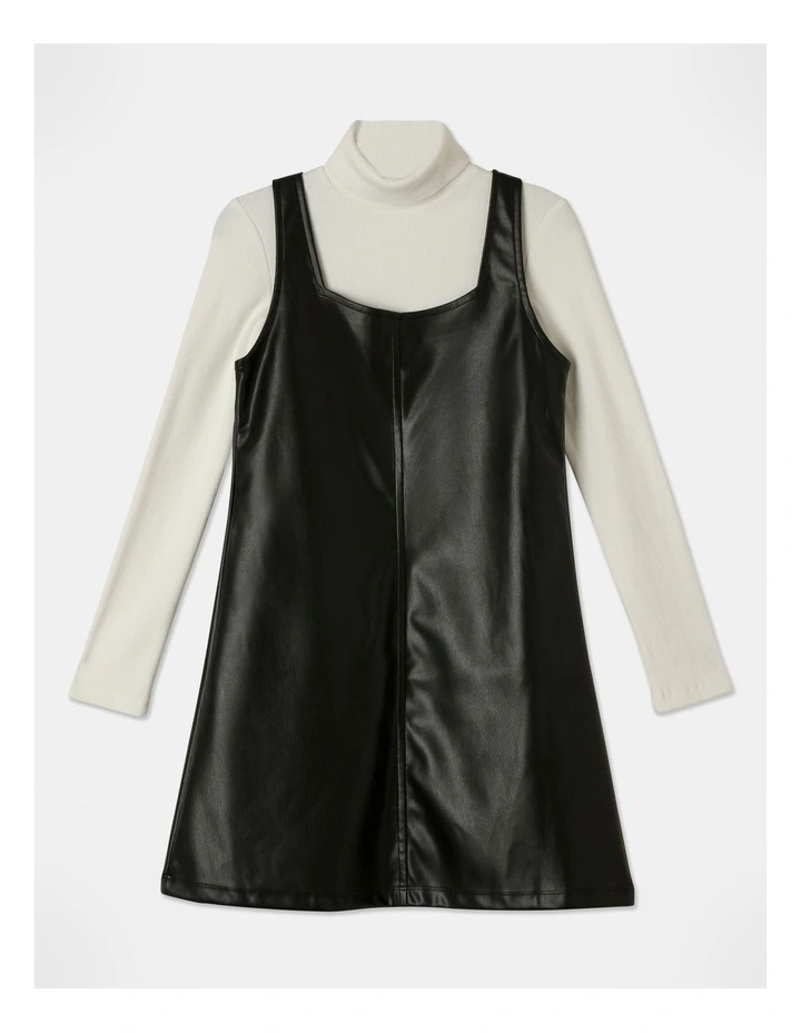 Faux Leather Pinafore and Rib Top Set in Black
