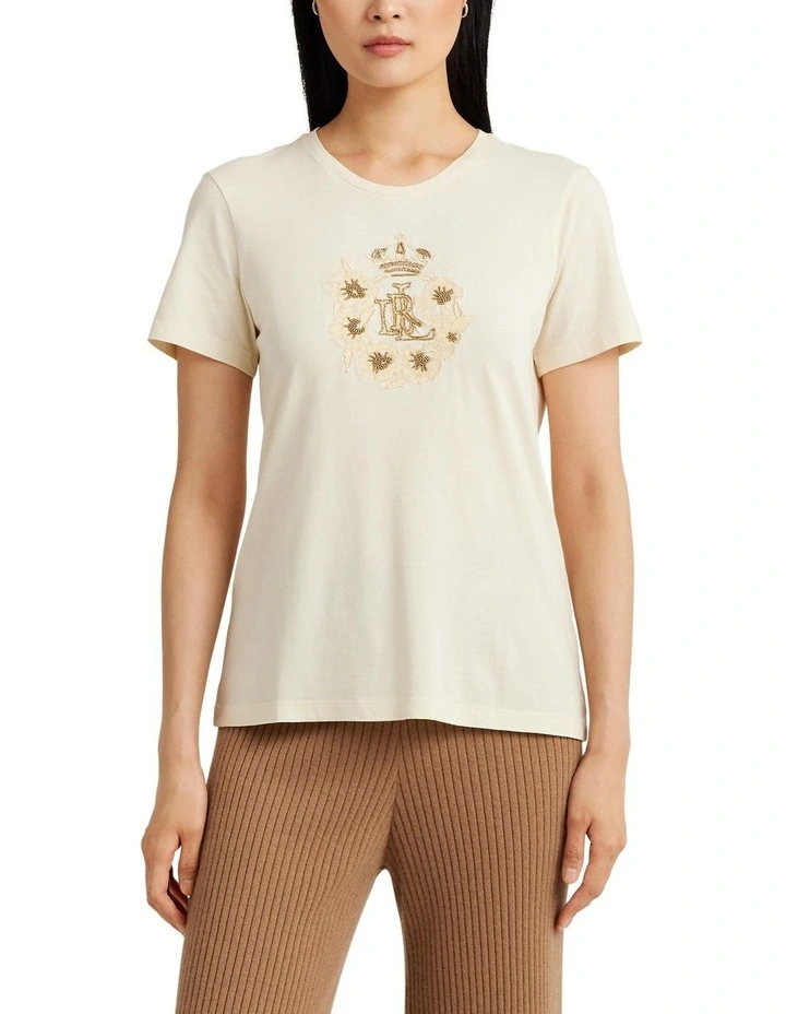 Beaded-Logo Jersey Tee in Natural