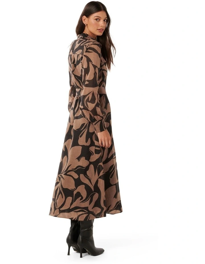 Janie Printed Shirt Midi Dress in Brown/Black