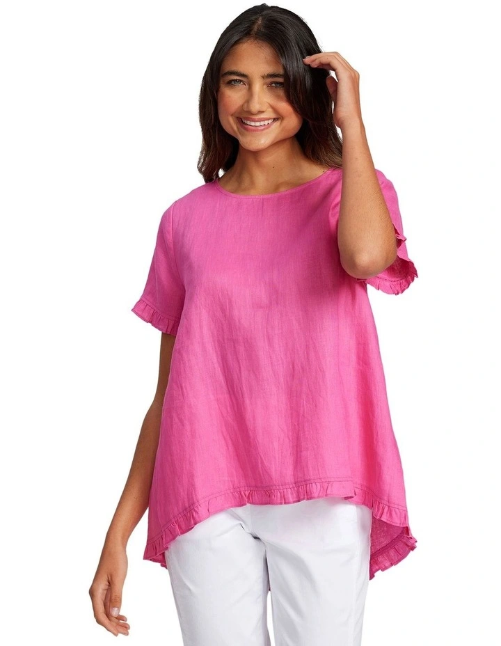 Short Sleeve Frill Hem Top in Bright Pink
