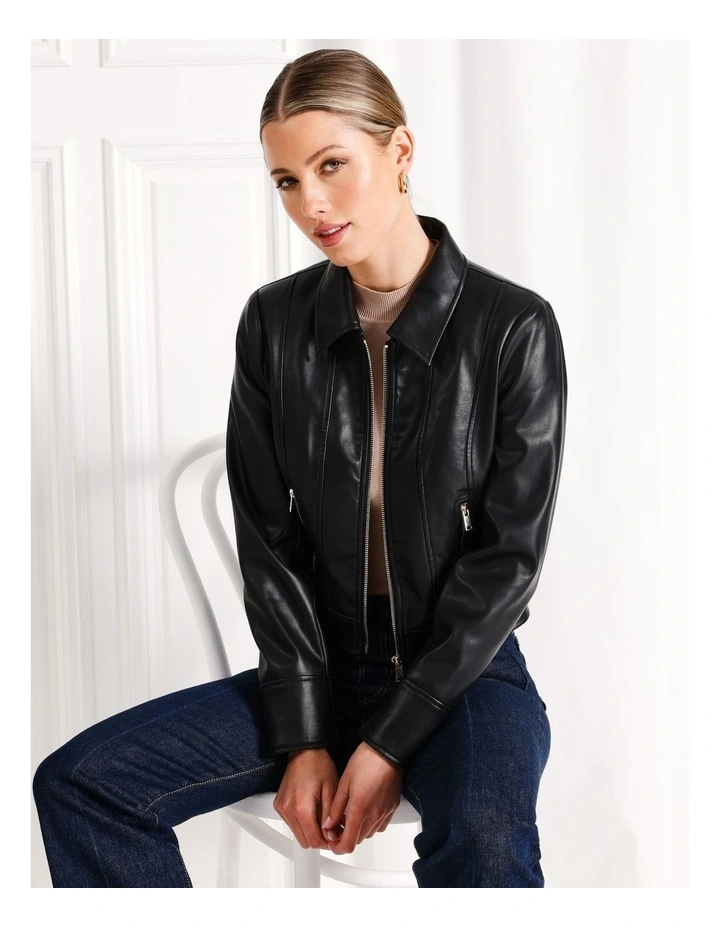 Faux Leather Trucker Jacket in Black