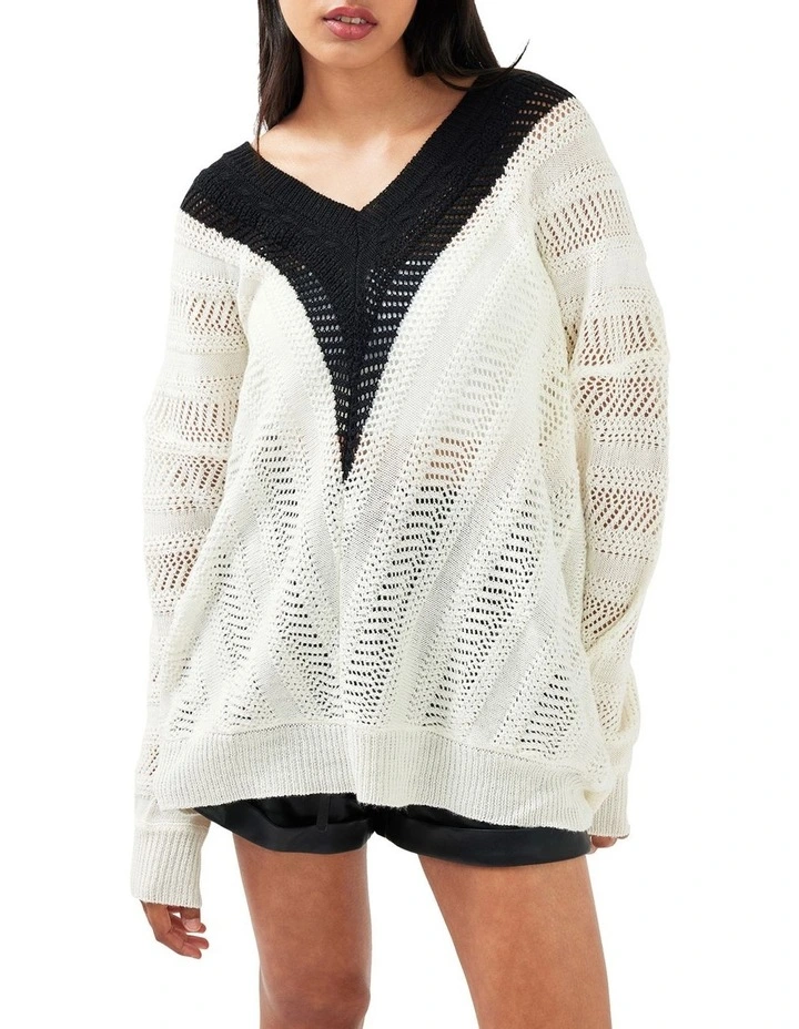 This Moment Oversized V-Neck Knit Top in Blk/White