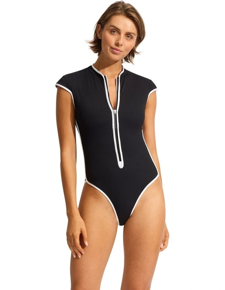 Beach Bound Cap Sleeve Zip Front One Piece in Black