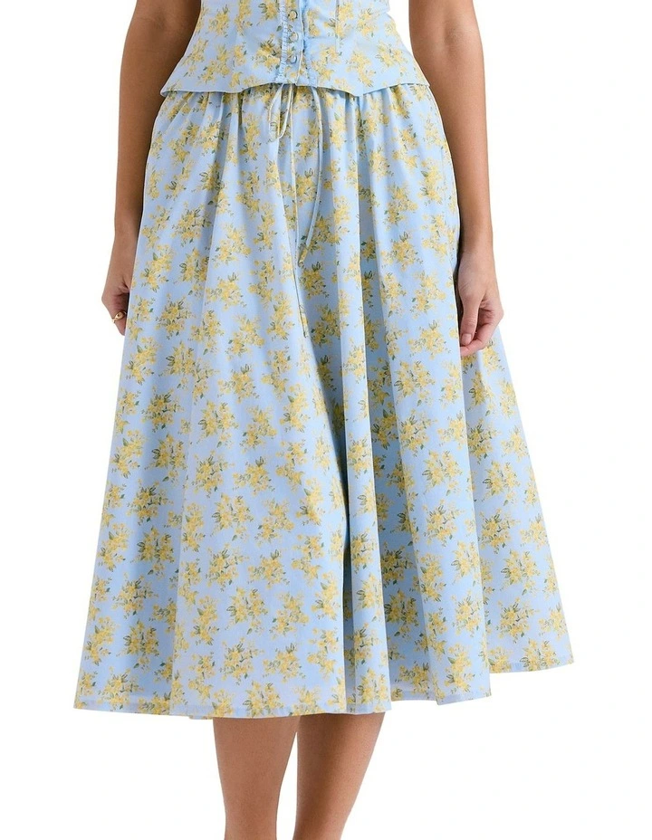 Cora Cotton Midi Skirt in Soft Blue Vintage Floral Print