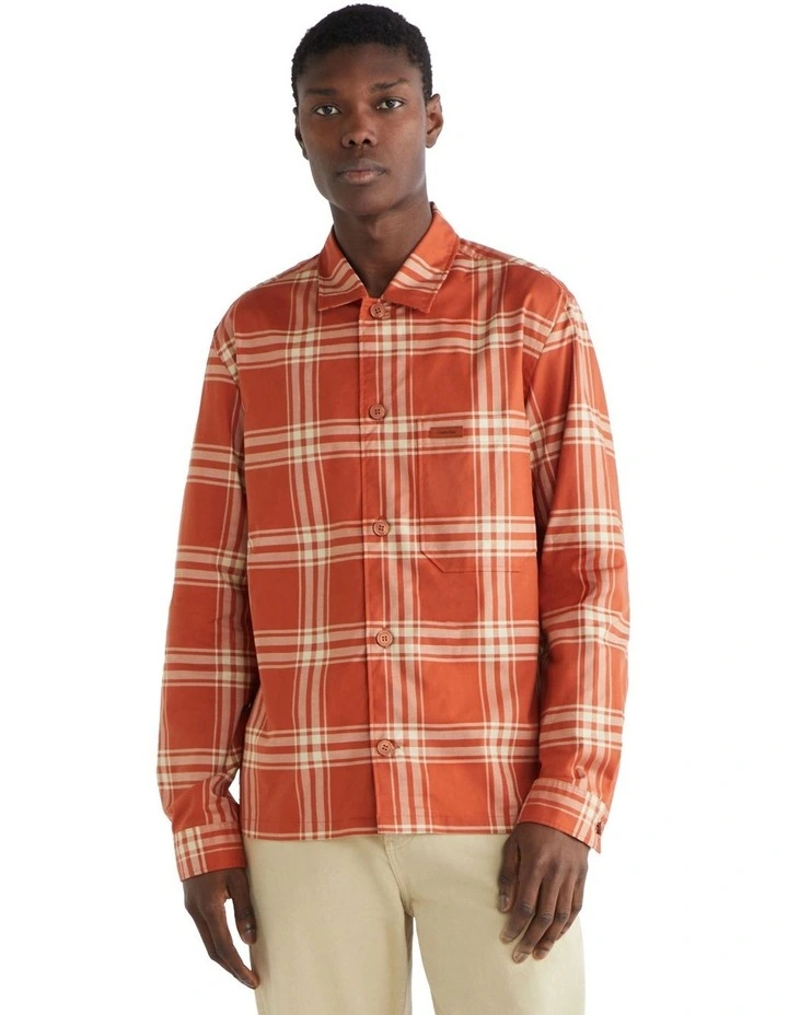 Twill Graphic Check Long Sleeve Shirt in Orange