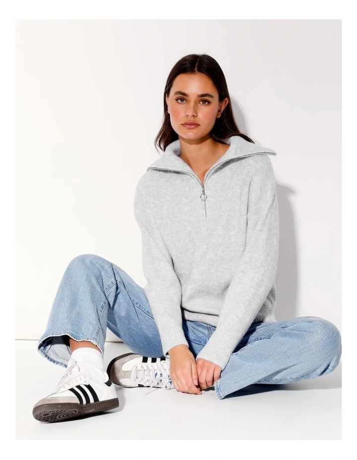 Recycled Blend Zip Neck Knit Jumper in Grey Marle