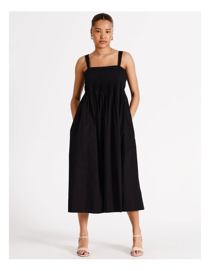 Cotton Pintuck Bodice Maxi Dress in Black