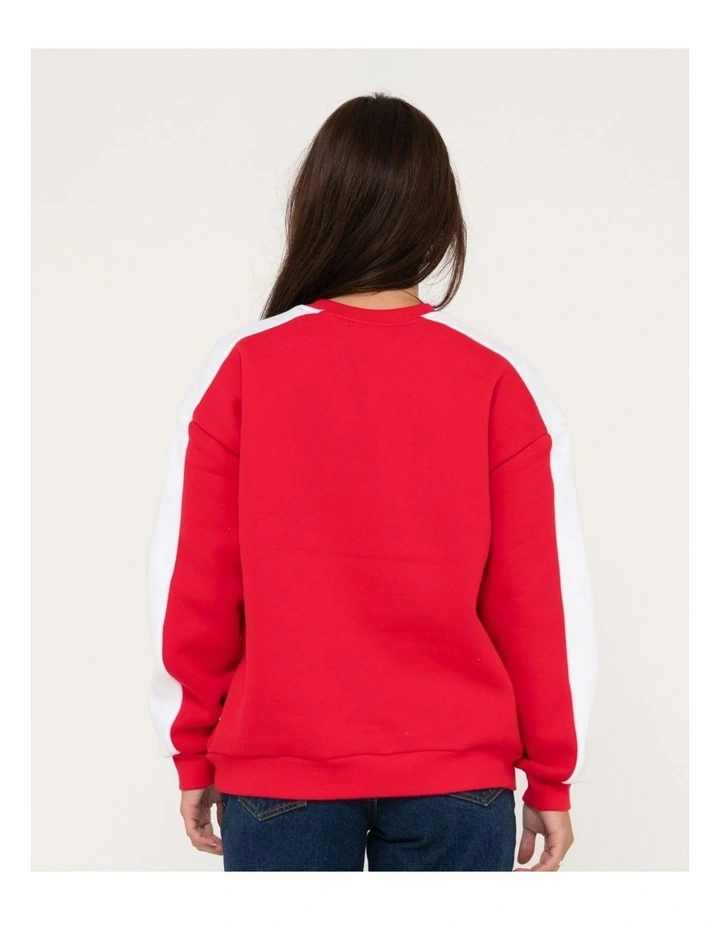 Racing Stripes Oversize Crew Fleece in Red
