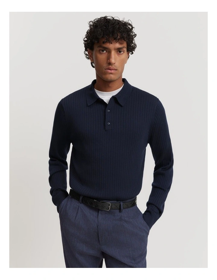 Verified Australian Merino Wool Ribbed Polo in Navy