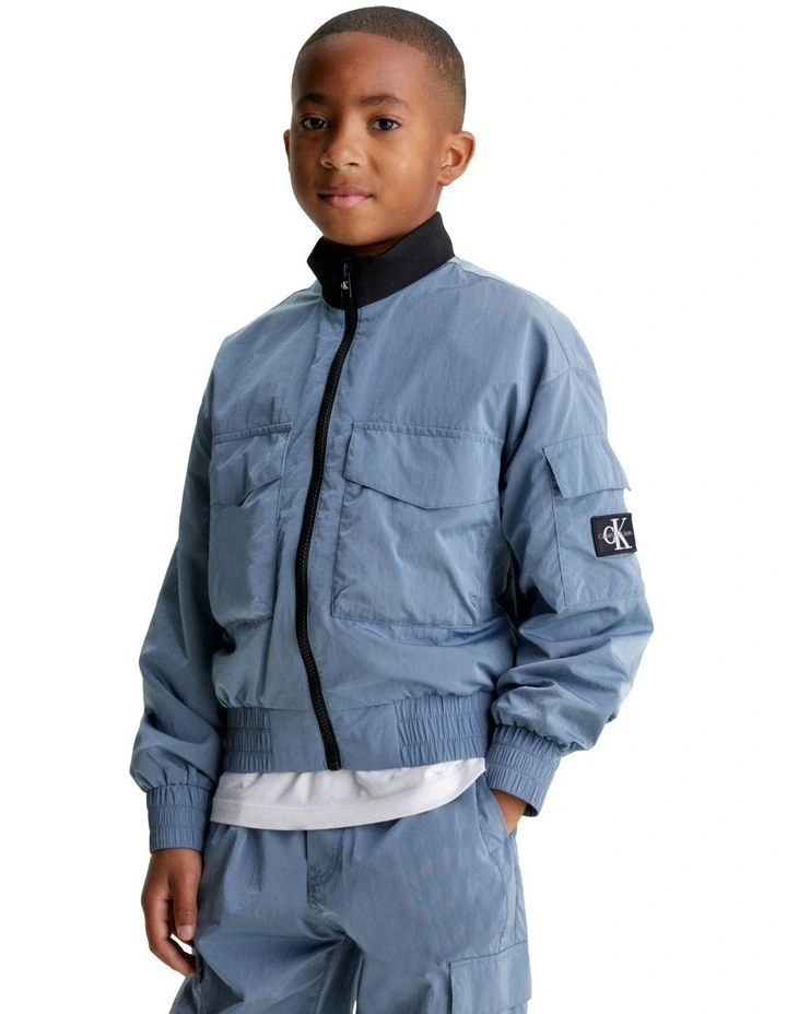 Structured Nylon Zipped Bomber Jacket in Goblin Blue