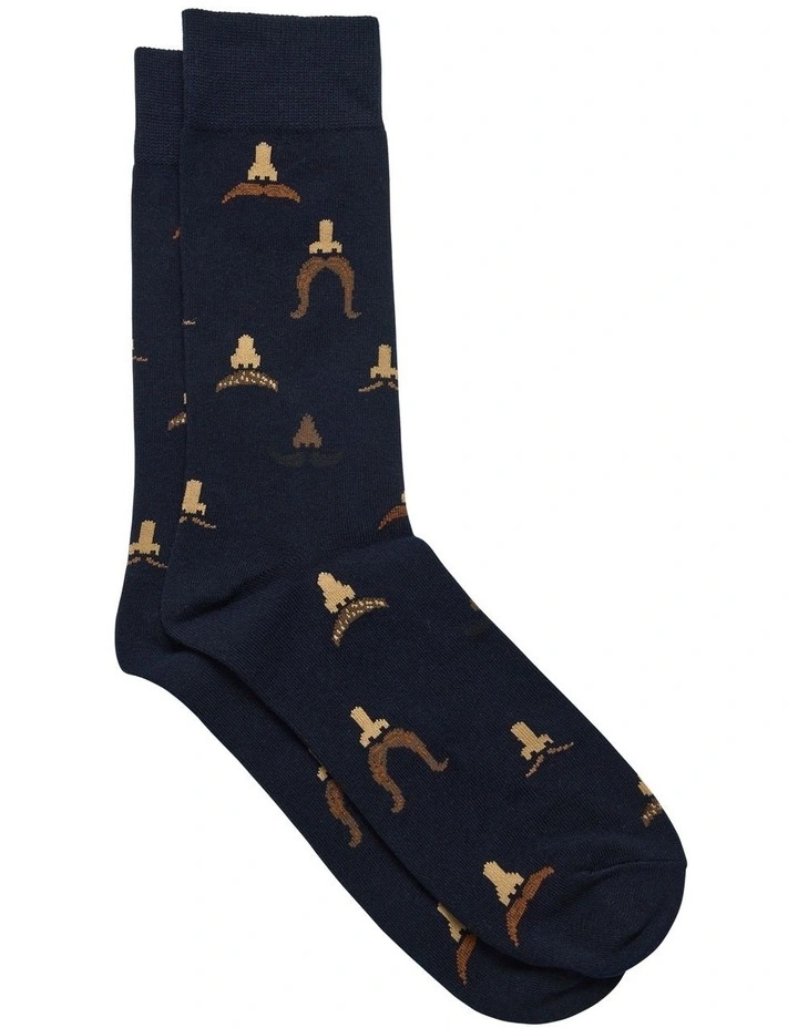 Moustache Fancy Sock in Navy