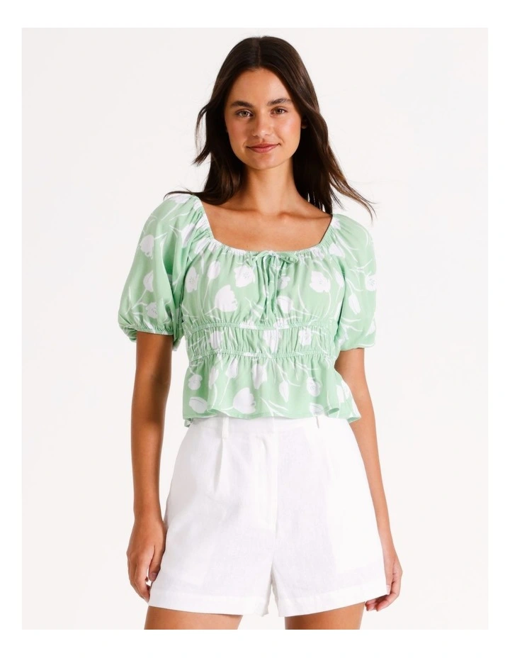 Eco Puff Sleeve Top in Quiet Green Floral