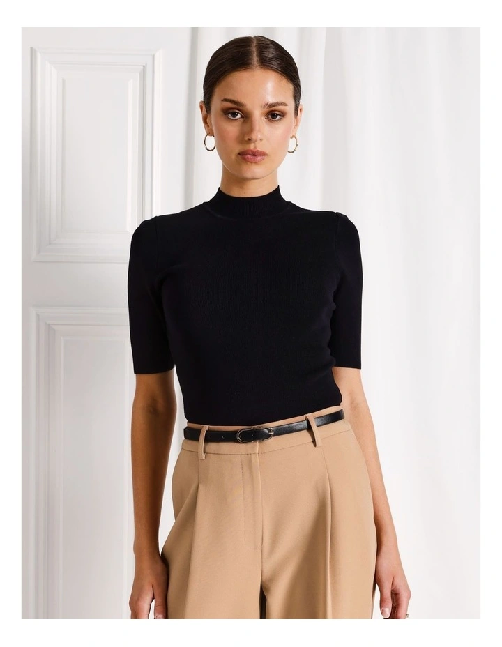 High Neck Short Sleeve Knit Top in Black