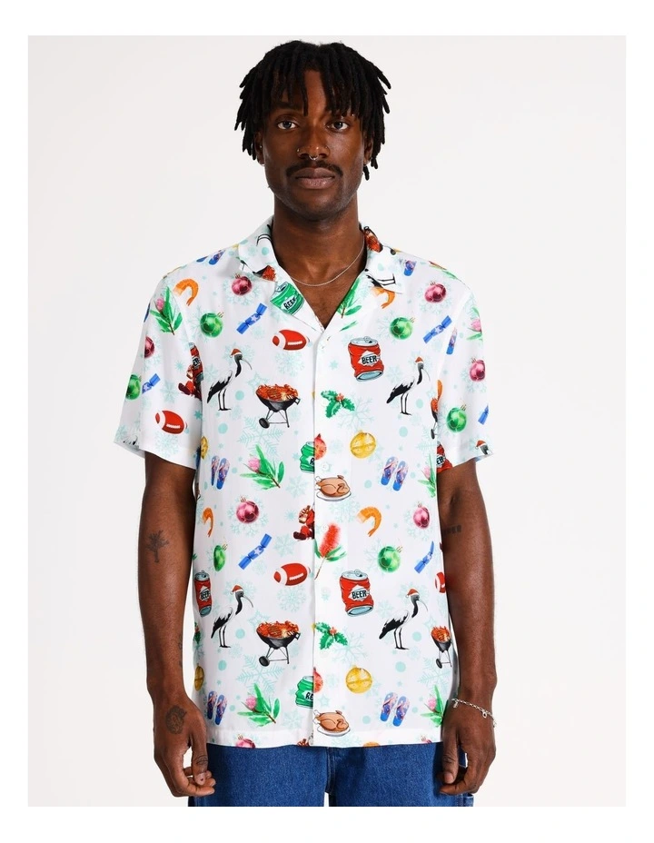 Aussie Xmas Print Short Sleeve Rayon Shirt in White