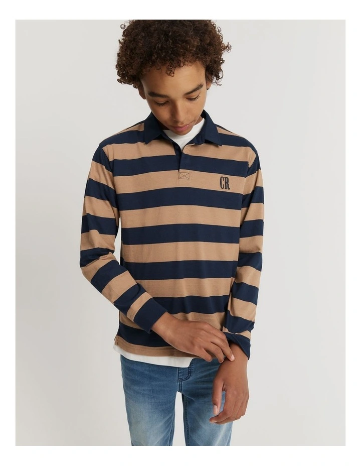 Teen Recycled Cotton Blend Block Stripe Rugby Top in Navy